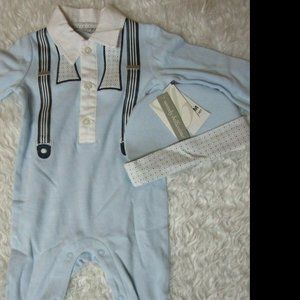 NWT WENDY BELLISSIMO BABY BOY FOOTIE ROMPER SUSPENDER DESIGN GIFT SET + HAT 6M